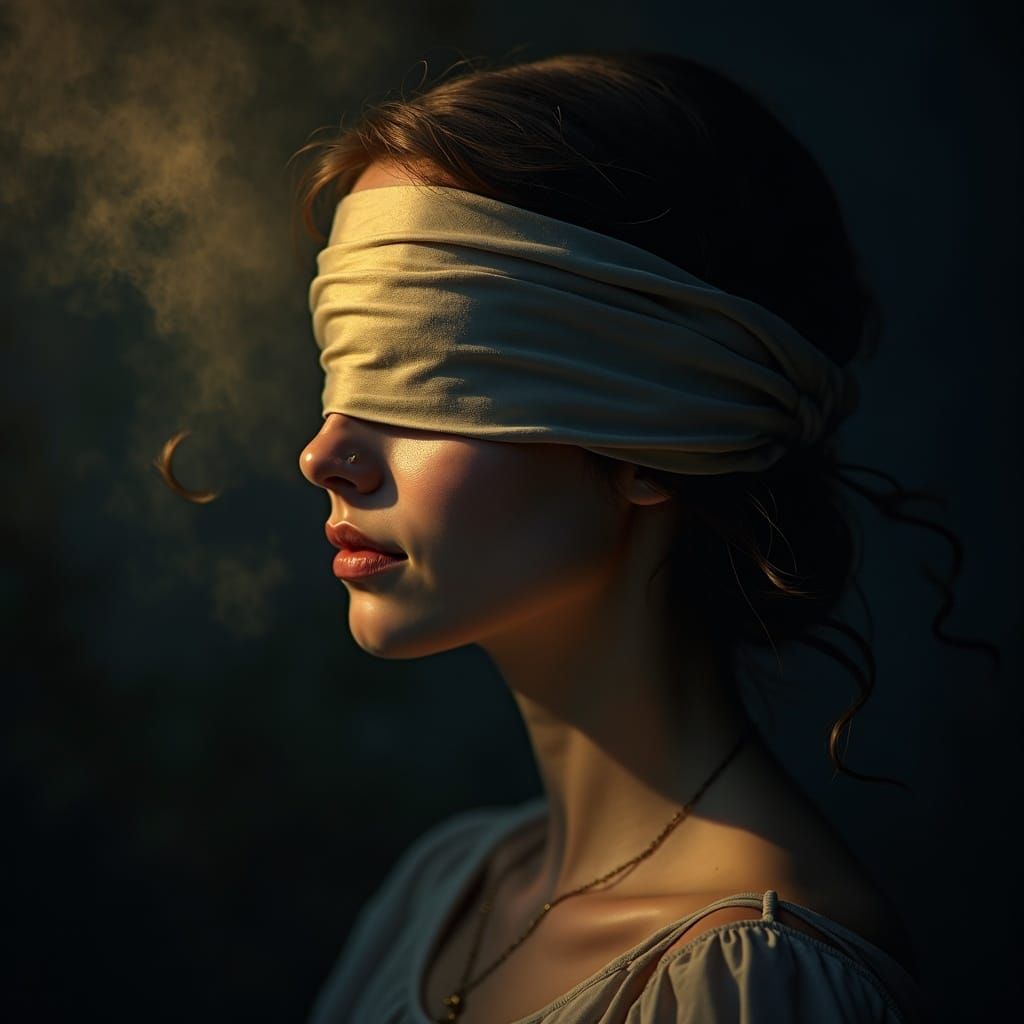Woman's Face with Silk Blindfold in Dramatic Light
