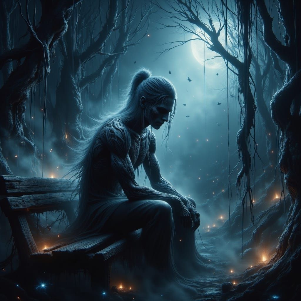 Mysterious Moonlit Figure Contemplates in a Haunting Garden....