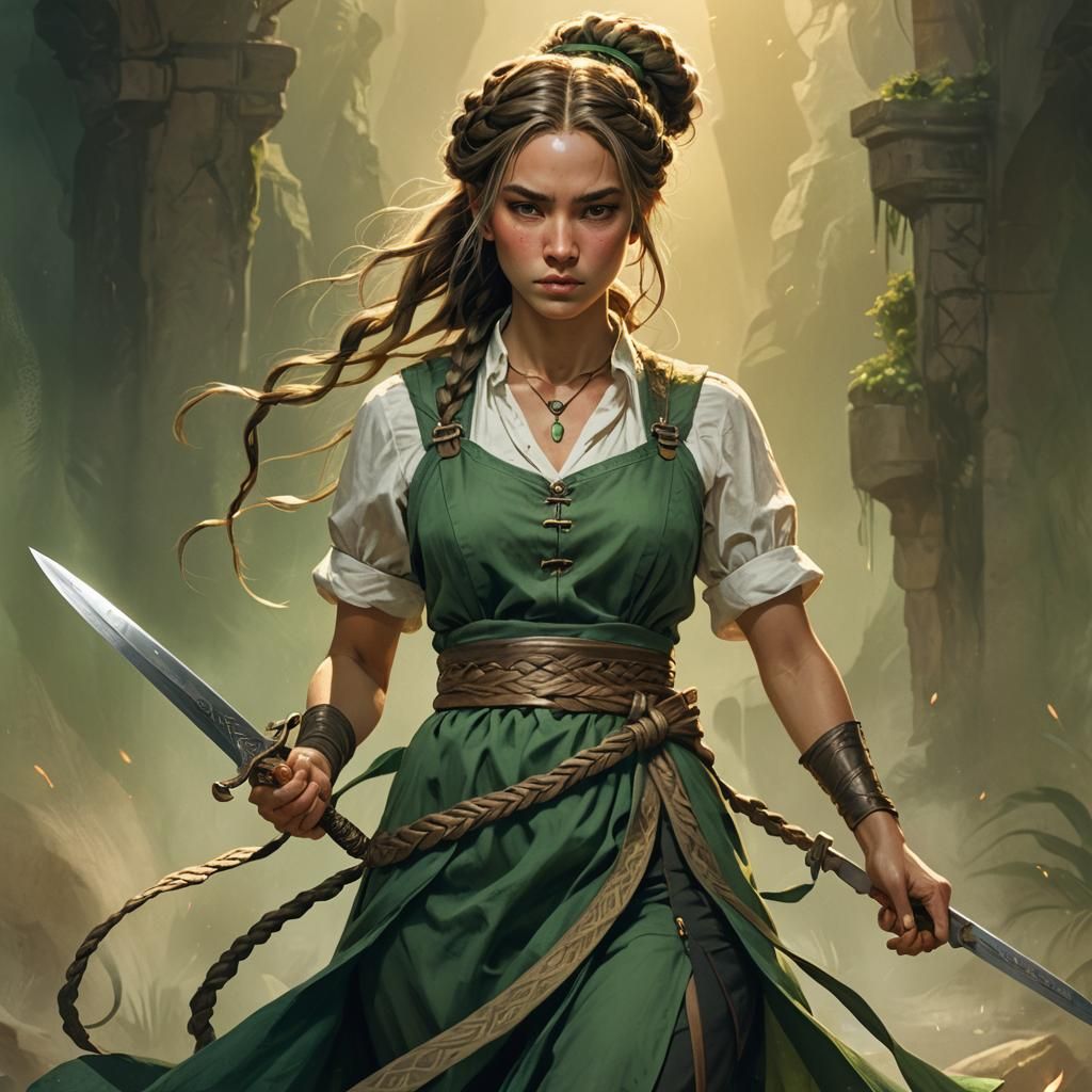 Fantasy Woman with Dagger in Golden Light
