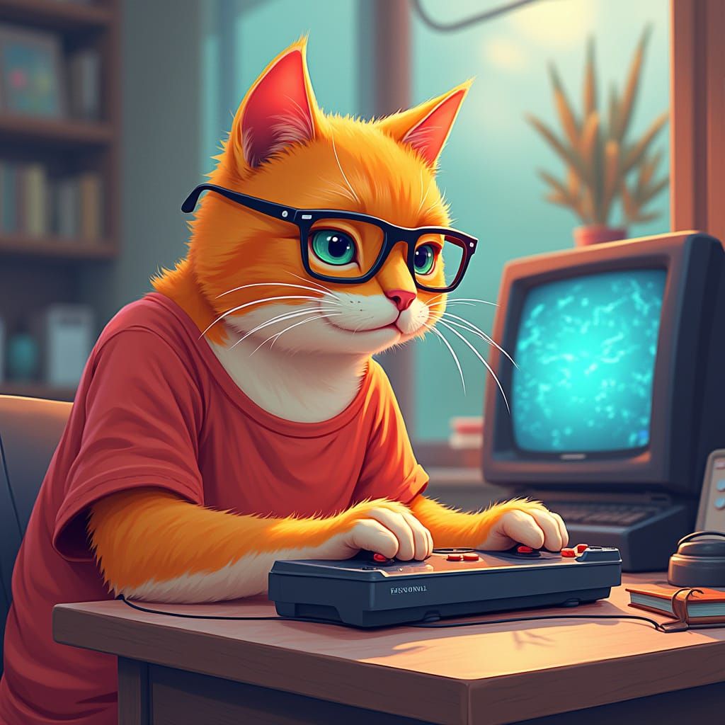 Orange Cat Gamer in Pastel Digital Art Style