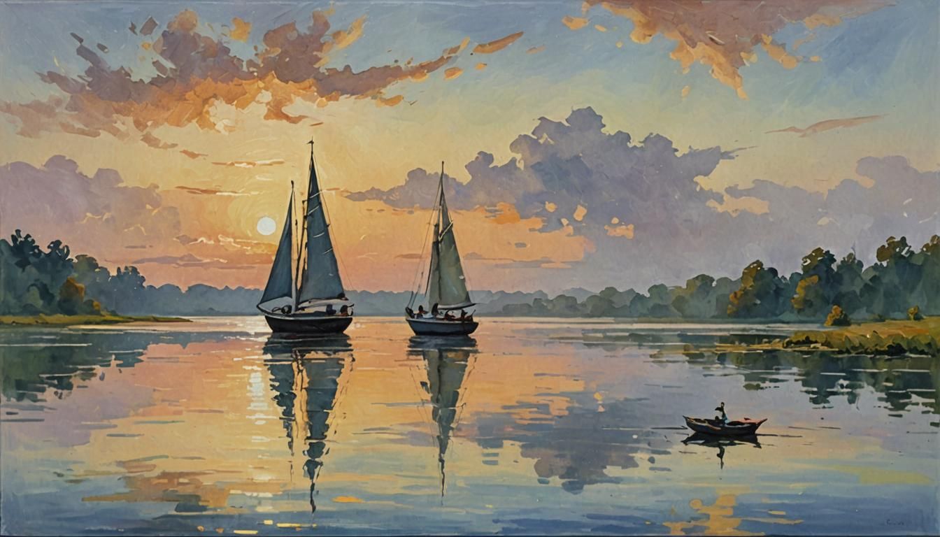 Impressionist Gouache Painting of Sailboat on Lake