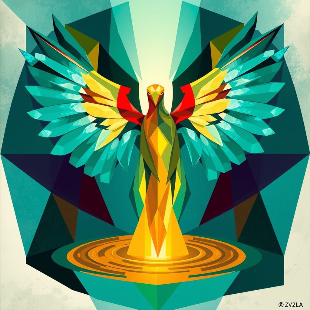 Golden Rebel with Turquoise Wings in Cubist Style