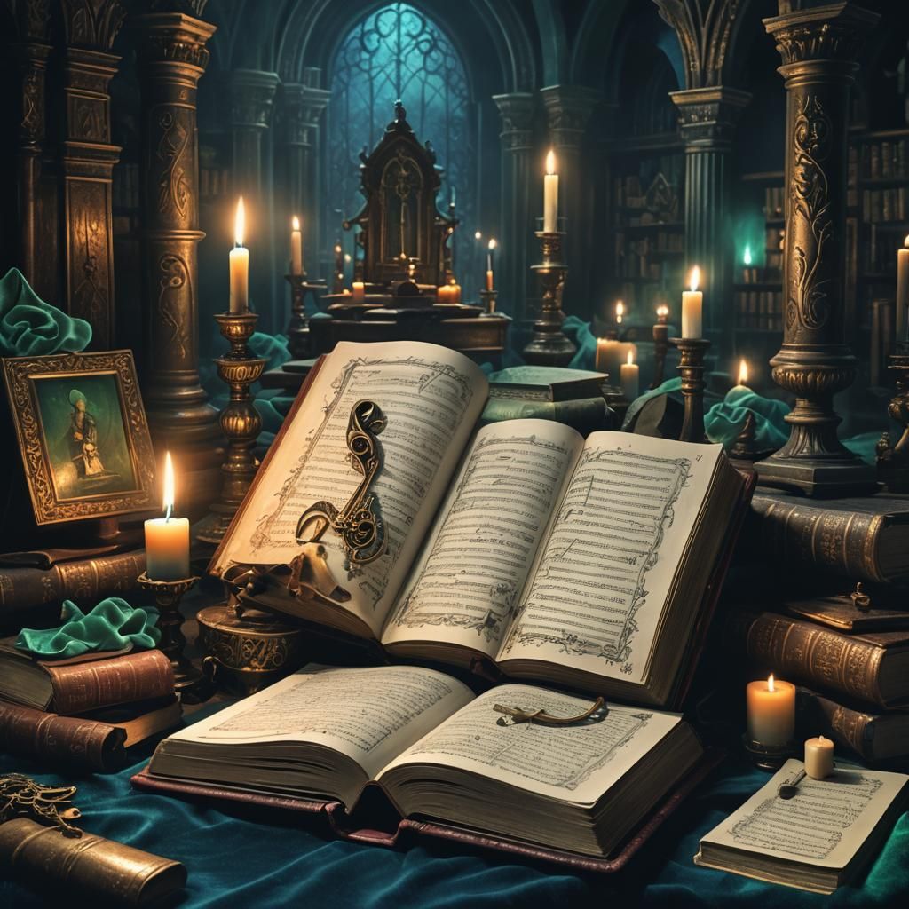 Mystical Music Book in Dimly Lit Chamber