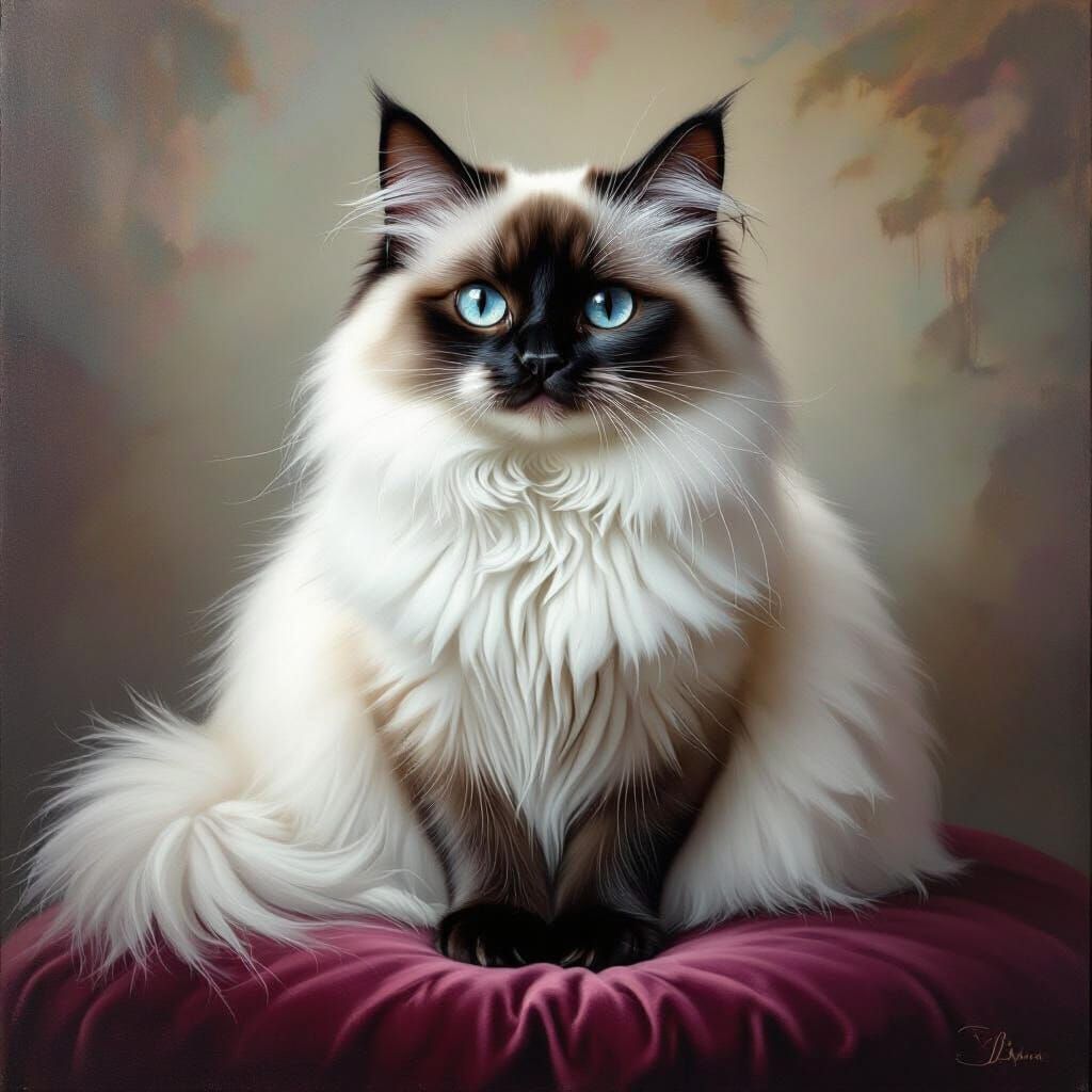 Fluffy White Cat with Black Eyes on Velvet Cushion