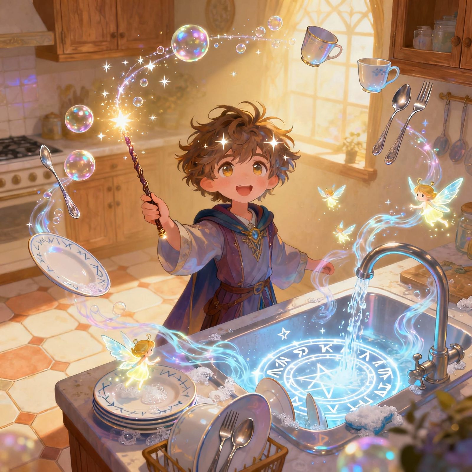Magical Child Cleans Dishes in Whimsical Fantasy Kitchen