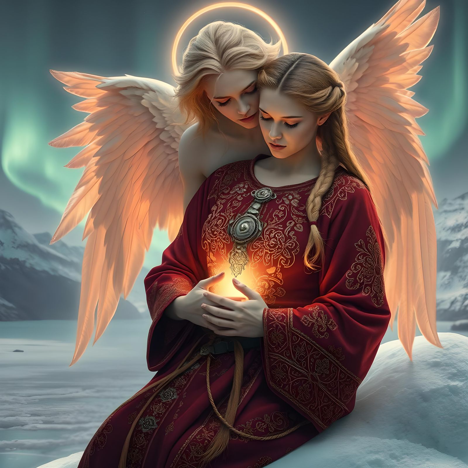 Heavenly Figure Heals Nordic Woman: Detailed Matte Painting