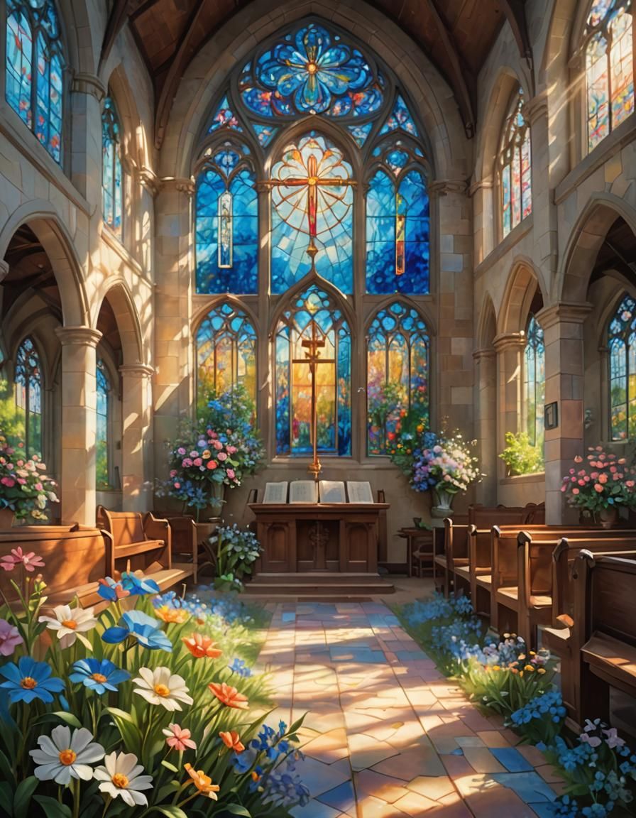 Impressionist Church with Flower in Monet Style