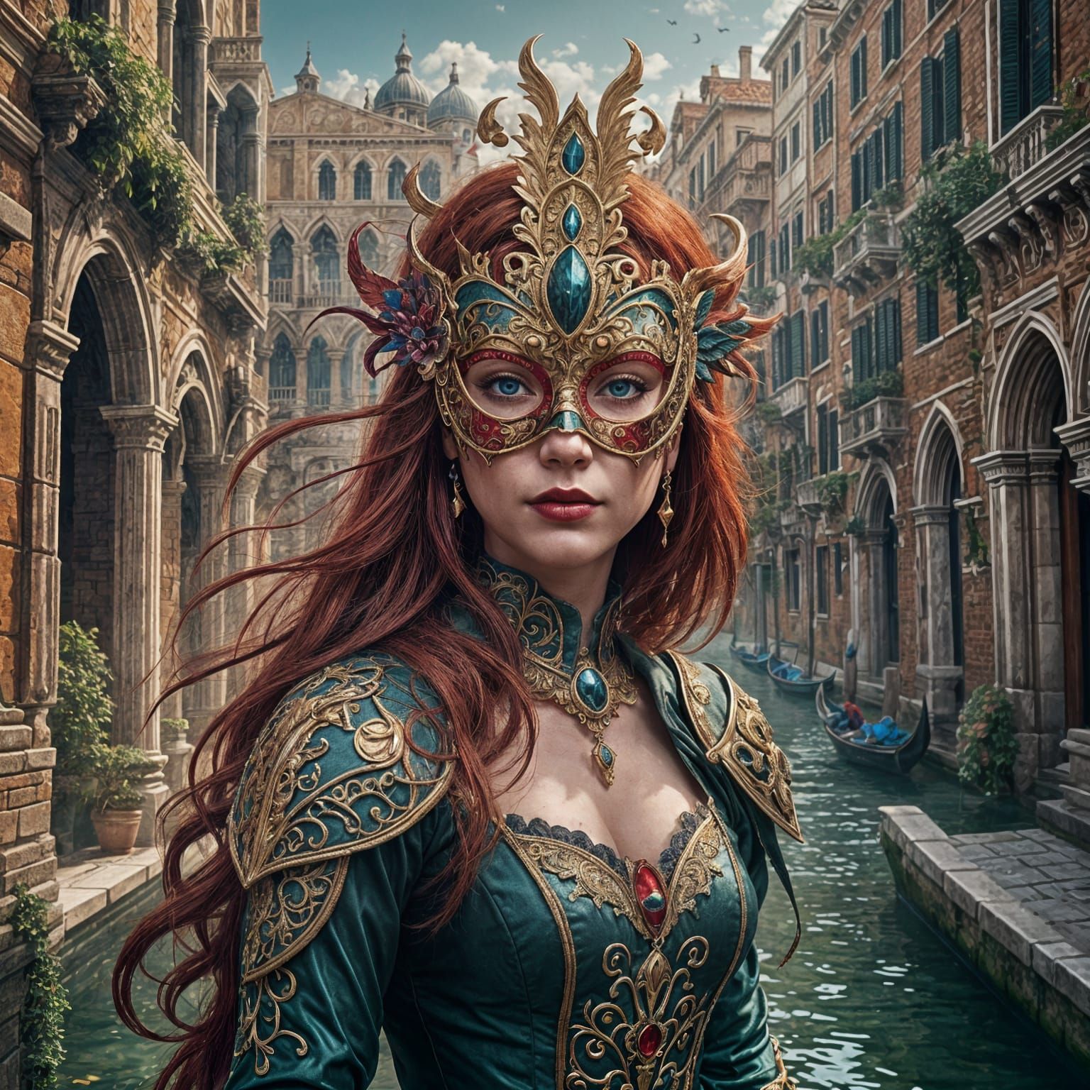 Red-Haired Woman with Venetian Mask: Detailed Fantasy Art