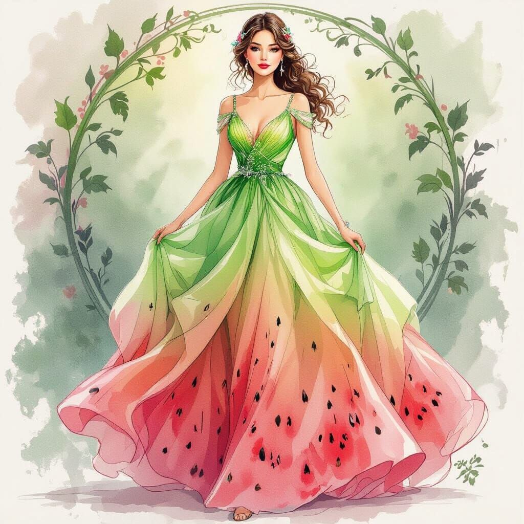 Watermelon Dress Sketch in Art Nouveau Style
