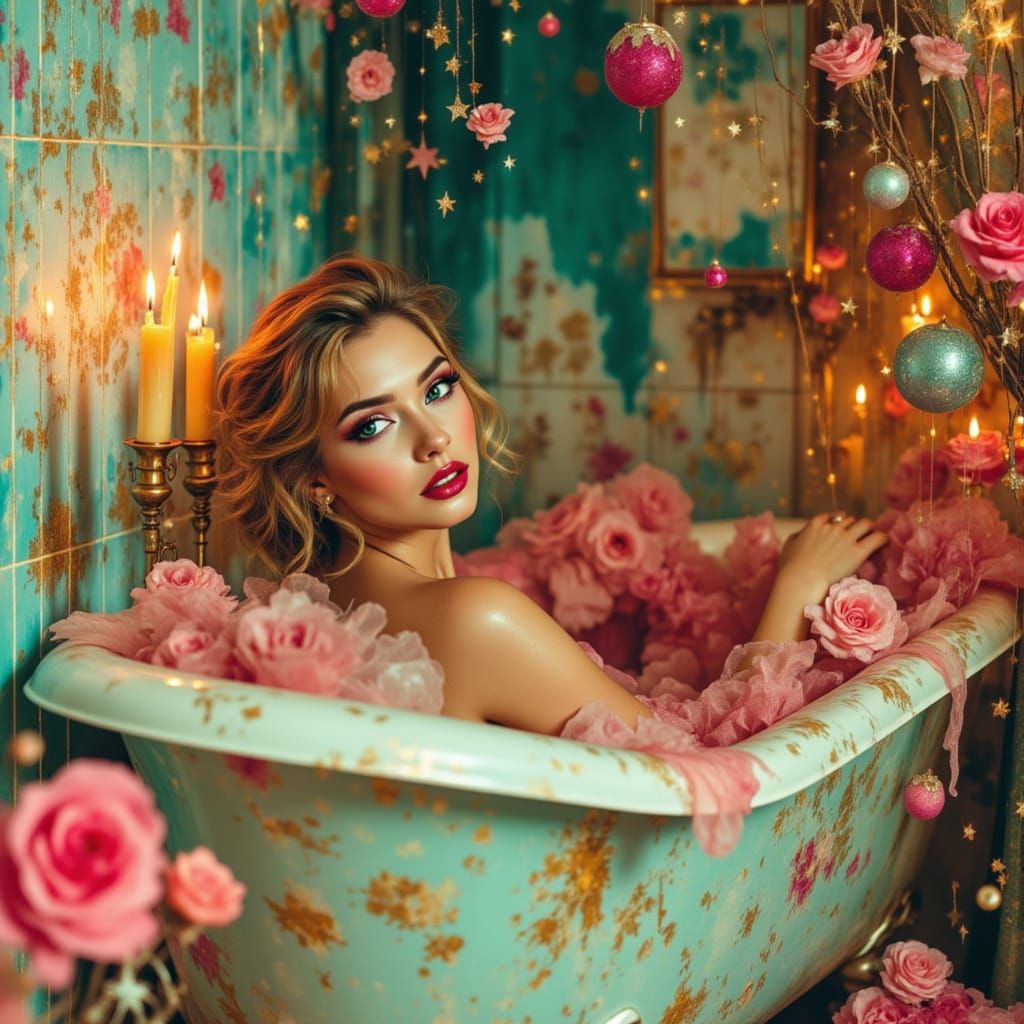 Retro Woman Relaxing in Tub with Neon Paper Textures