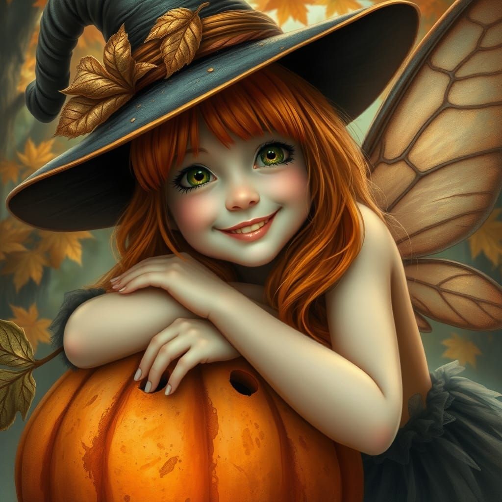 Ethereal Autumn Fairy with Jack-o'-Lantern