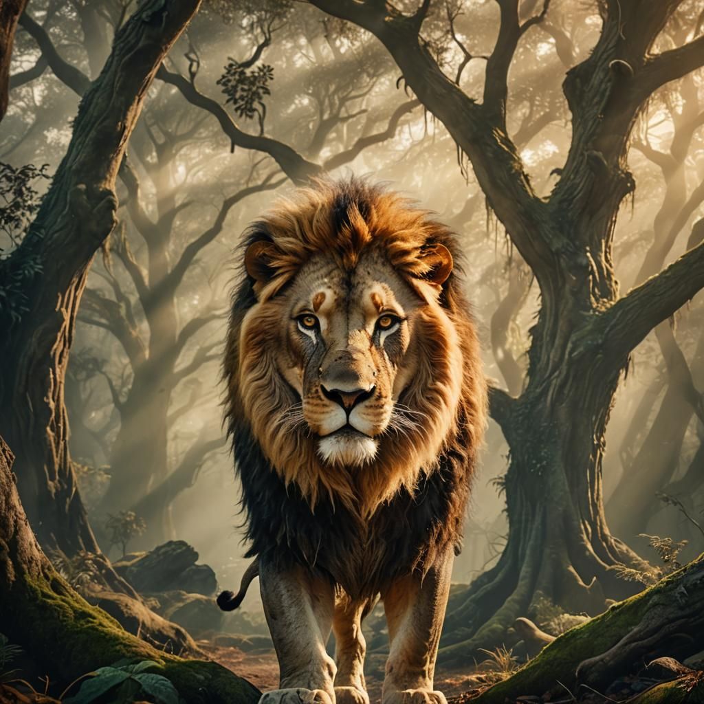 Majestic Aslan in Mystical Forest: Digital Art