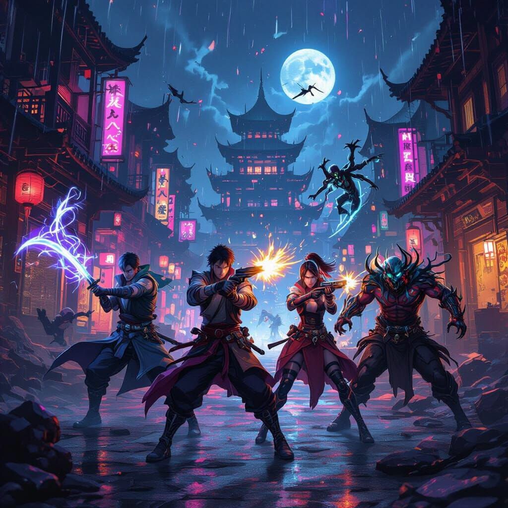 Dynamic Anime Demon Hunters in Neon Temple Battle