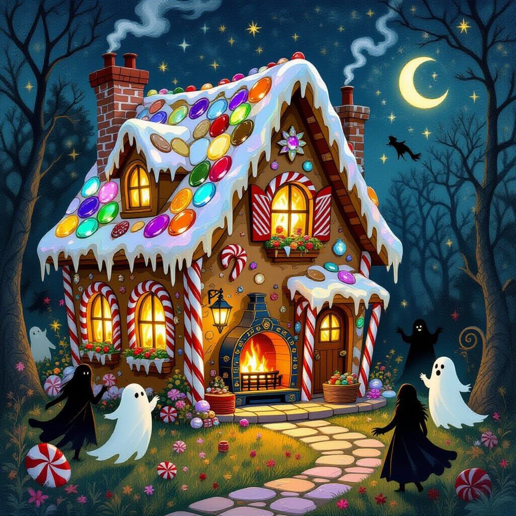 Whimsical Sweet Gemstone Cottage with Night Creatures