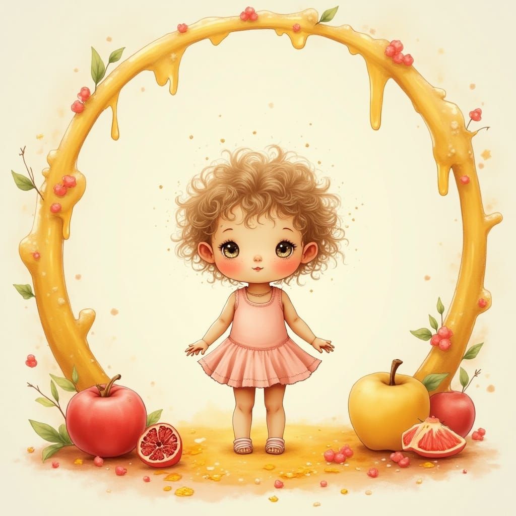 Whimsical Fruit and Honey Background with Child