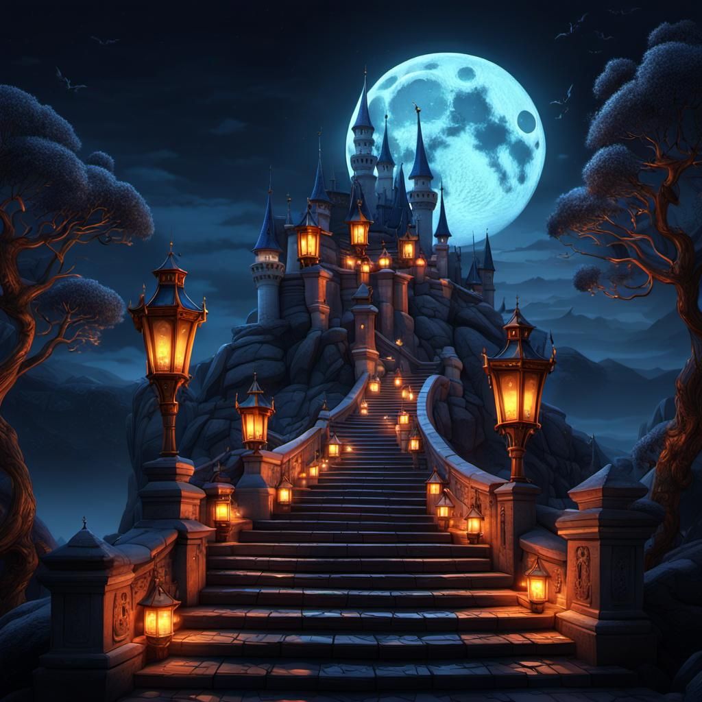 Mystical Castle Under Moonlight in 3D Digital Art