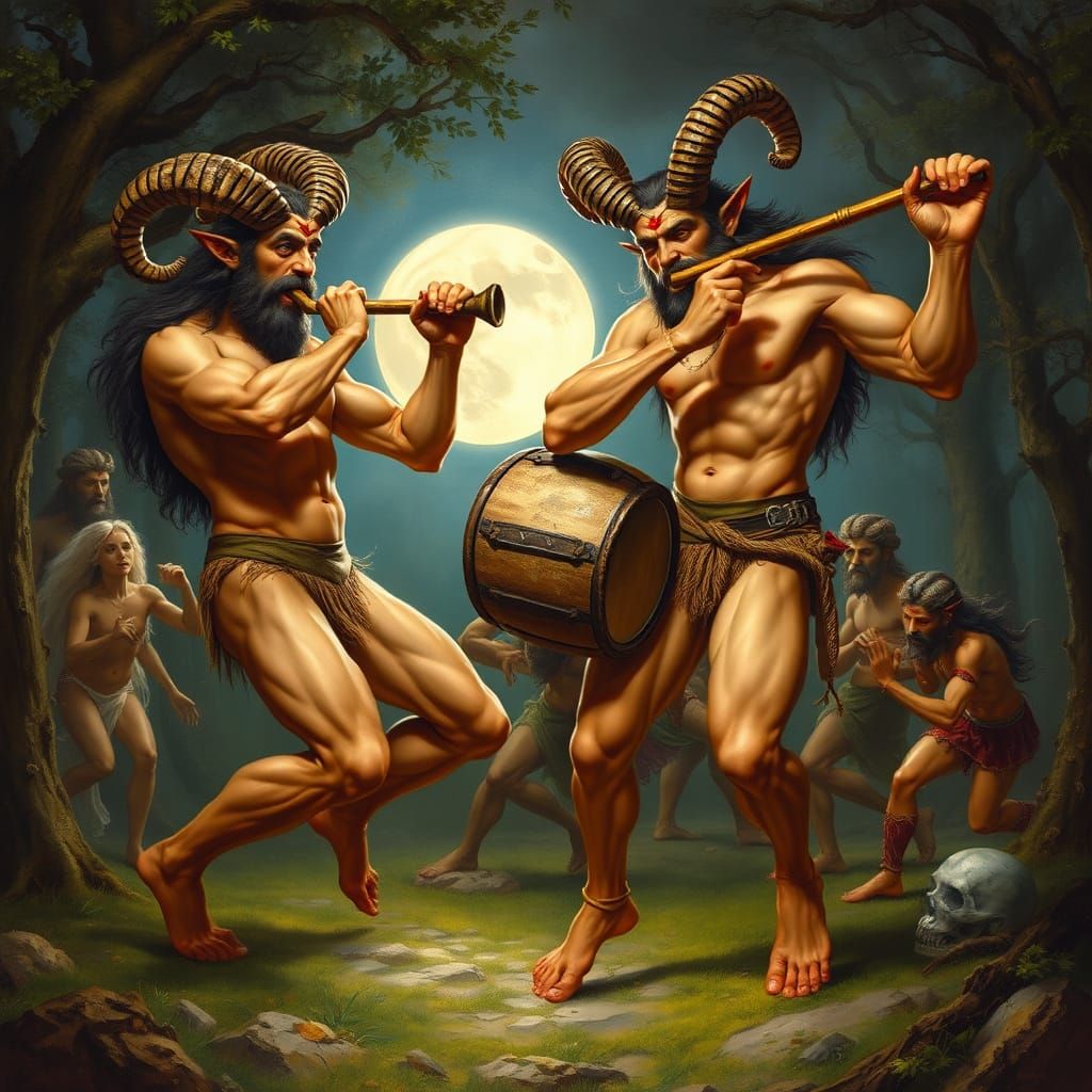 Heroic Satyrs Dance Under Moonlight in Whimsical Woodland Sc...