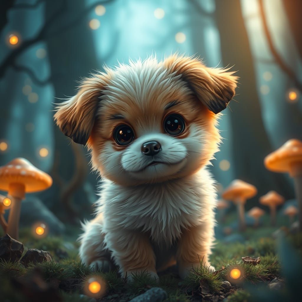 Realistic Baby Dog in Mystical Forest Scene