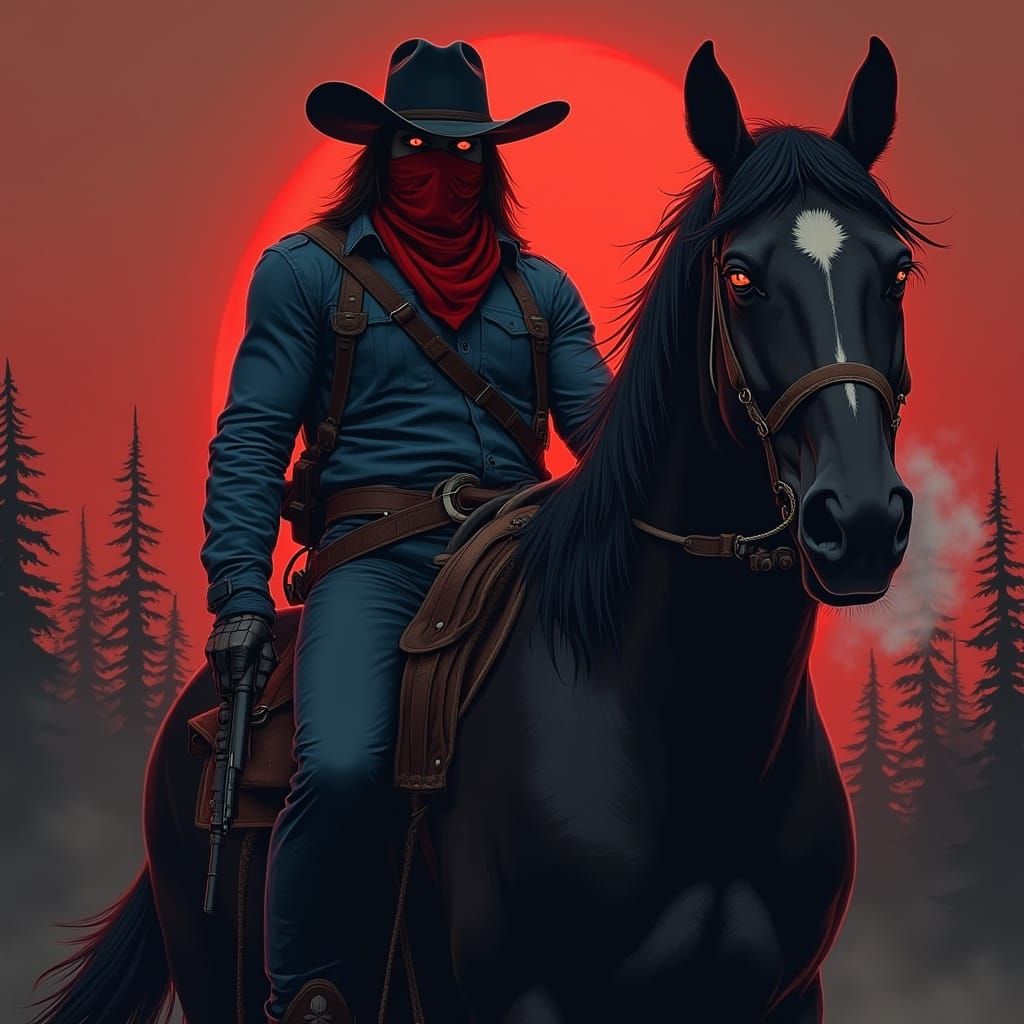 Mysterious Cowboy in Burnt Forest Under Red Sky