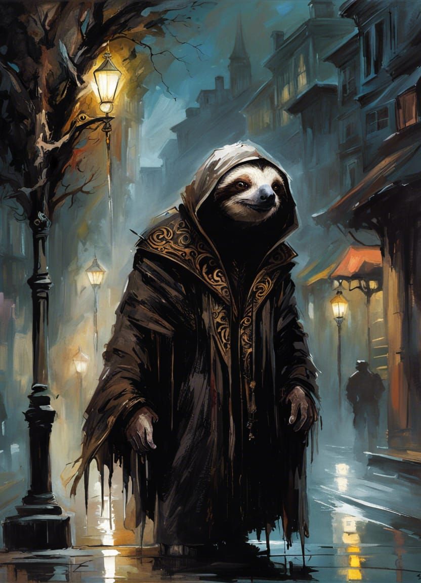 Mysterious Sloth Assassin Walks Foggy City Street