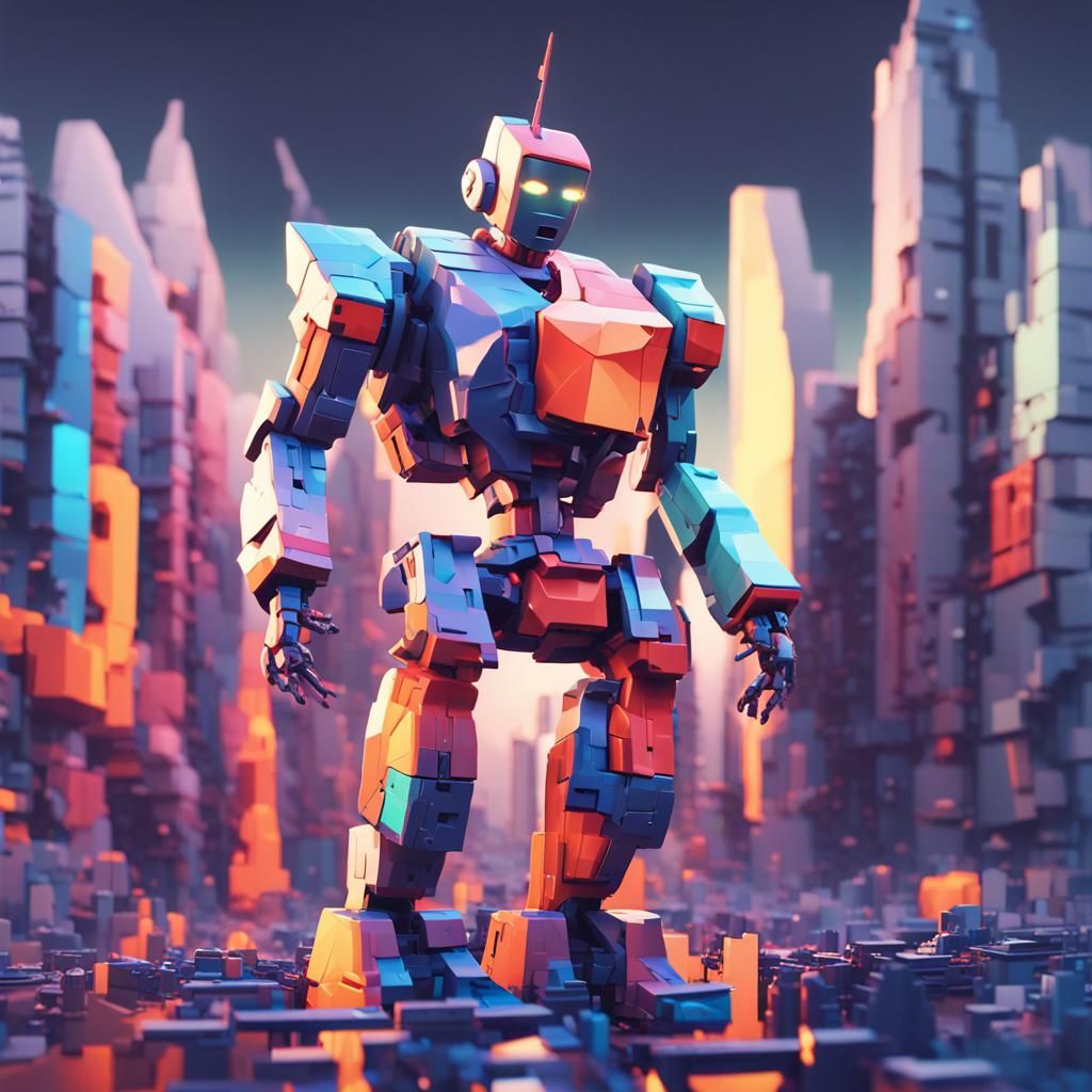 Glitchy Robot in Low-Poly Cyberpunk Cityscape