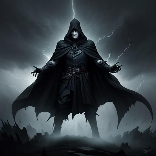 Ominous Dark Fantasy Villain Cloaked in Stormy Shadows