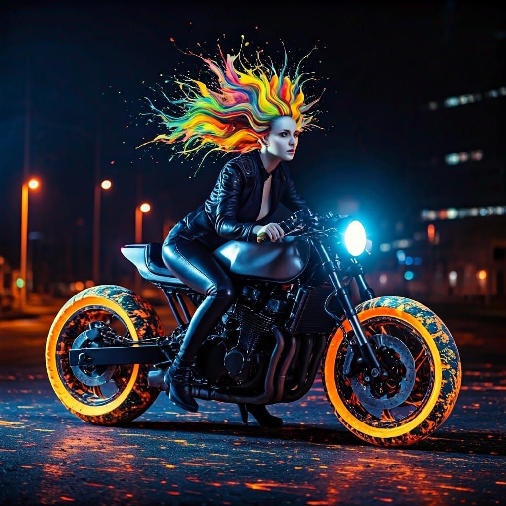 Ink Woman Rides Futuristic Motorcycle