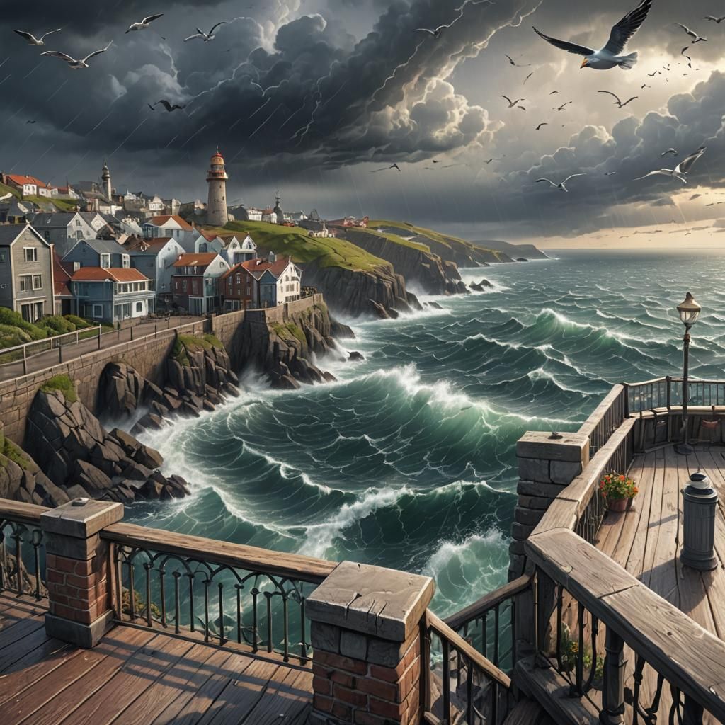 Stormy Coastal View from Terrace, Colored Pencil Art