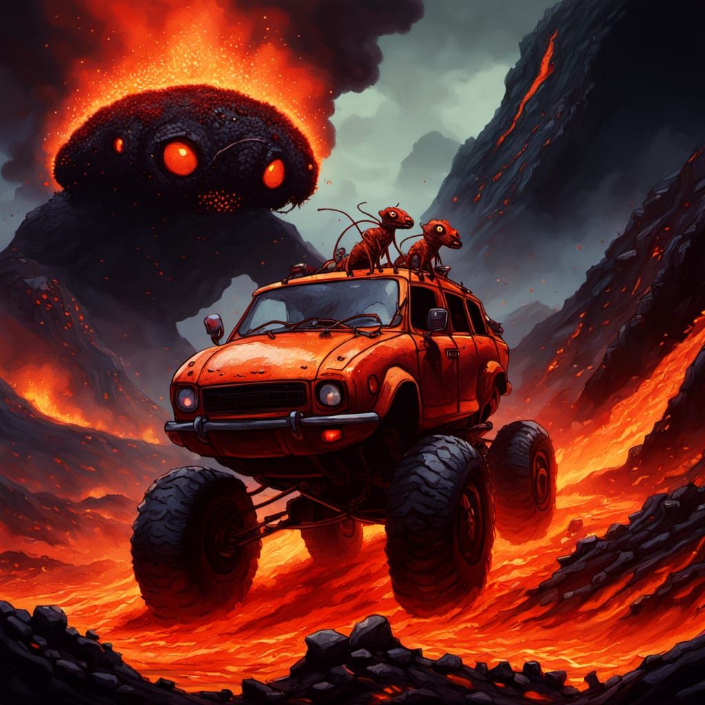 Giant Ants Drive Vehicle into Fiery Volcano