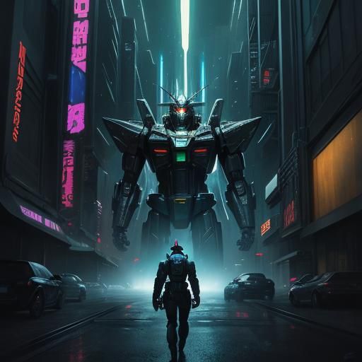 Gundam in Blade Runner Cyberpunk Cityscape