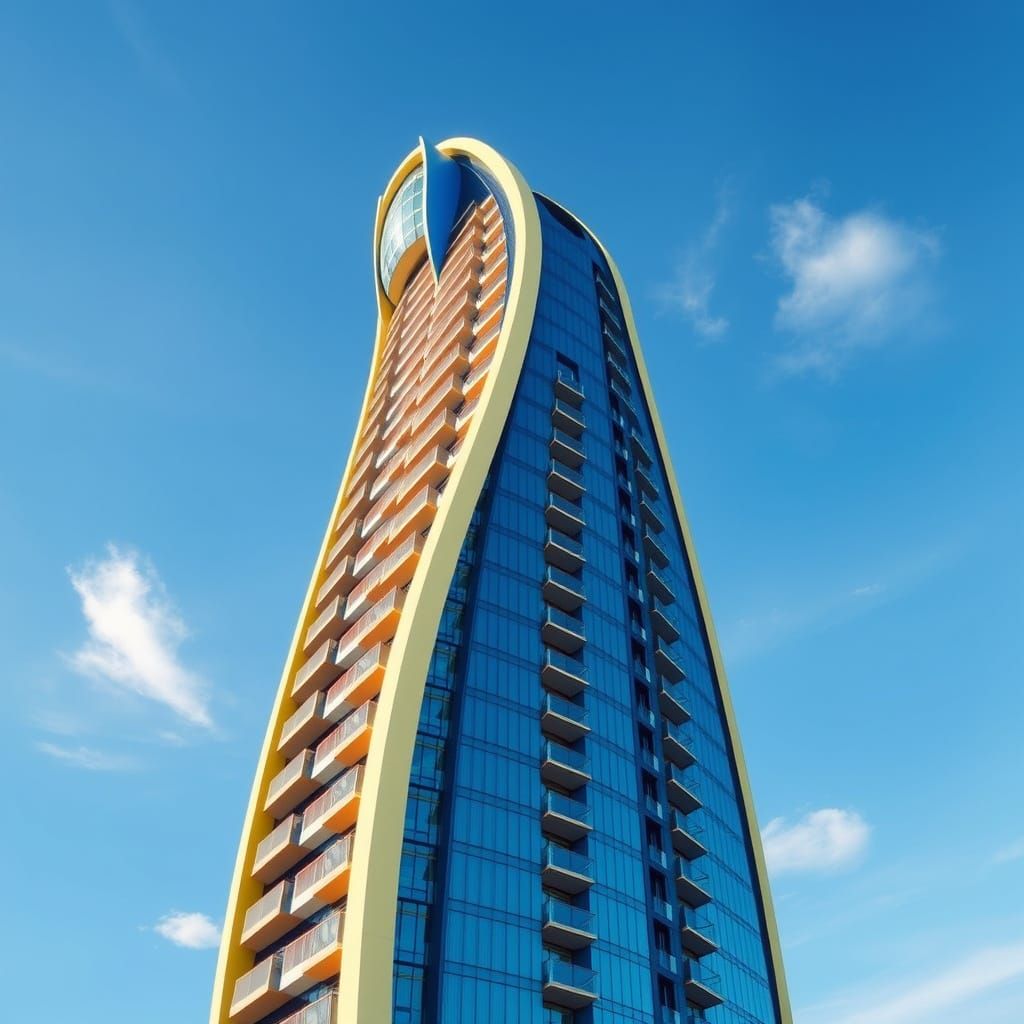 Bold Futuristic Skyscraper with Vibrant Blue and Yellow Faça...