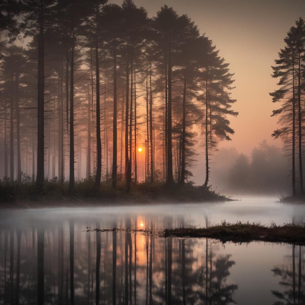 Romantic Sunset Over Misty Lake and Forest