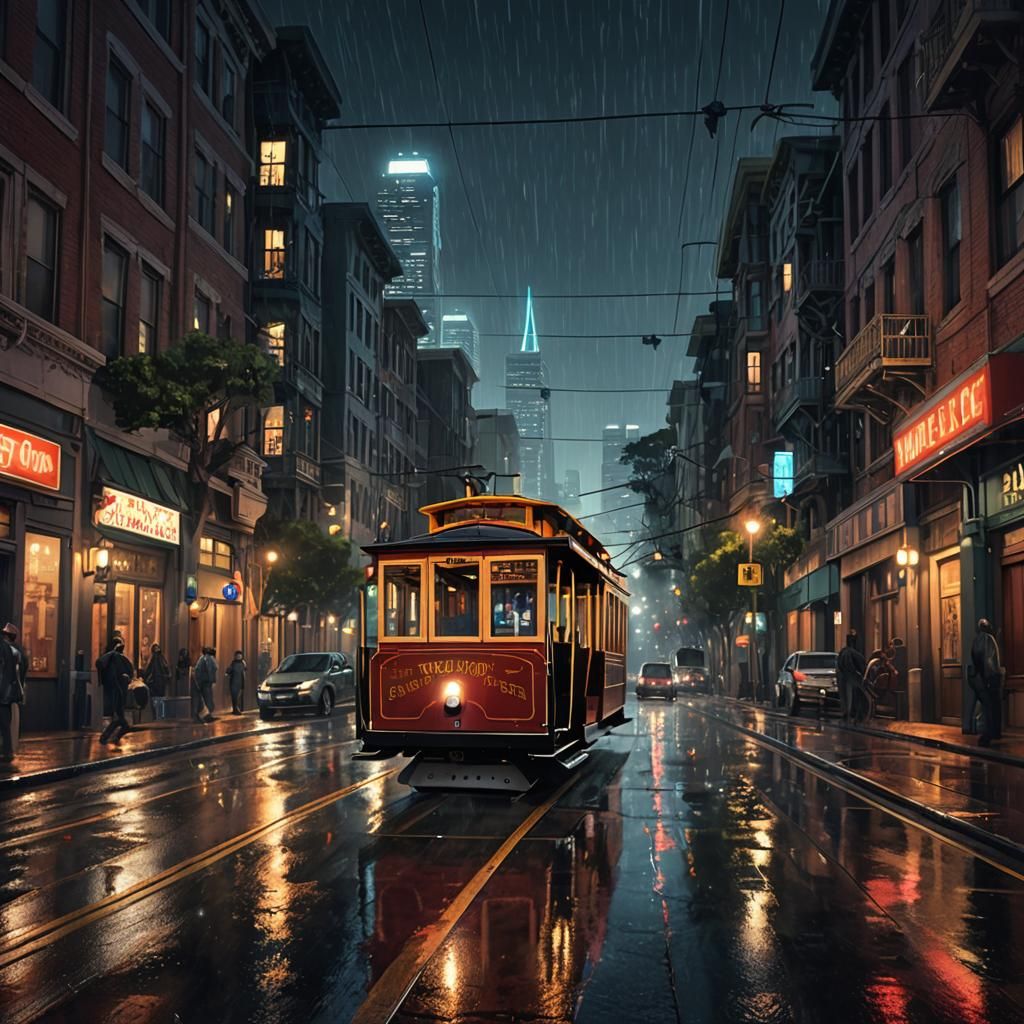 Rainy San Francisco Cable Car at Night