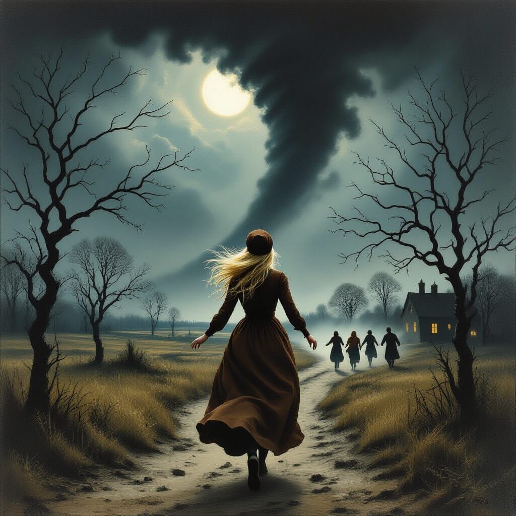 Woman Flees Tornado in Gothic Horror Landscape