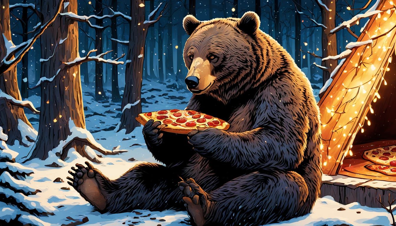 Festive Bear Enjoying Pizza: Comic Book Art