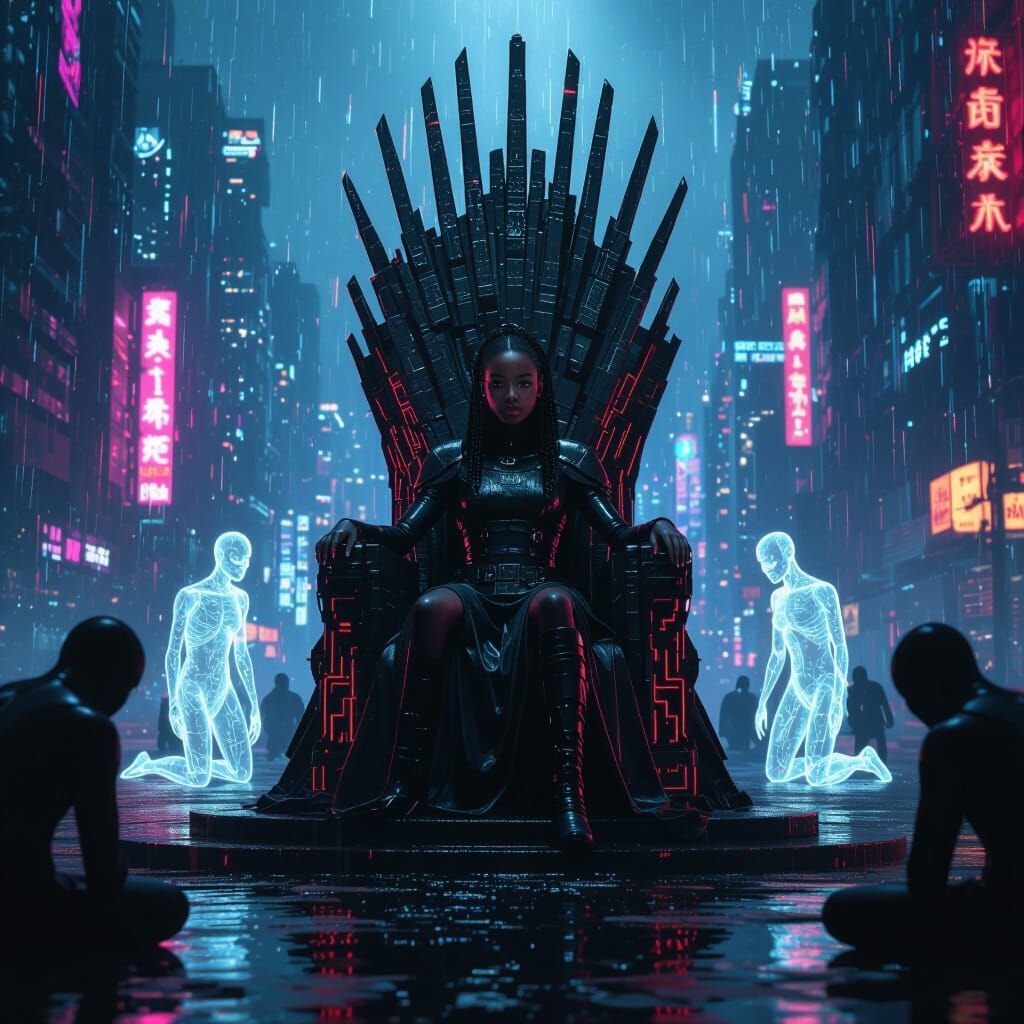 Teen Girl's Calm Power on Futuristic Throne in Cyberpunk Cit...