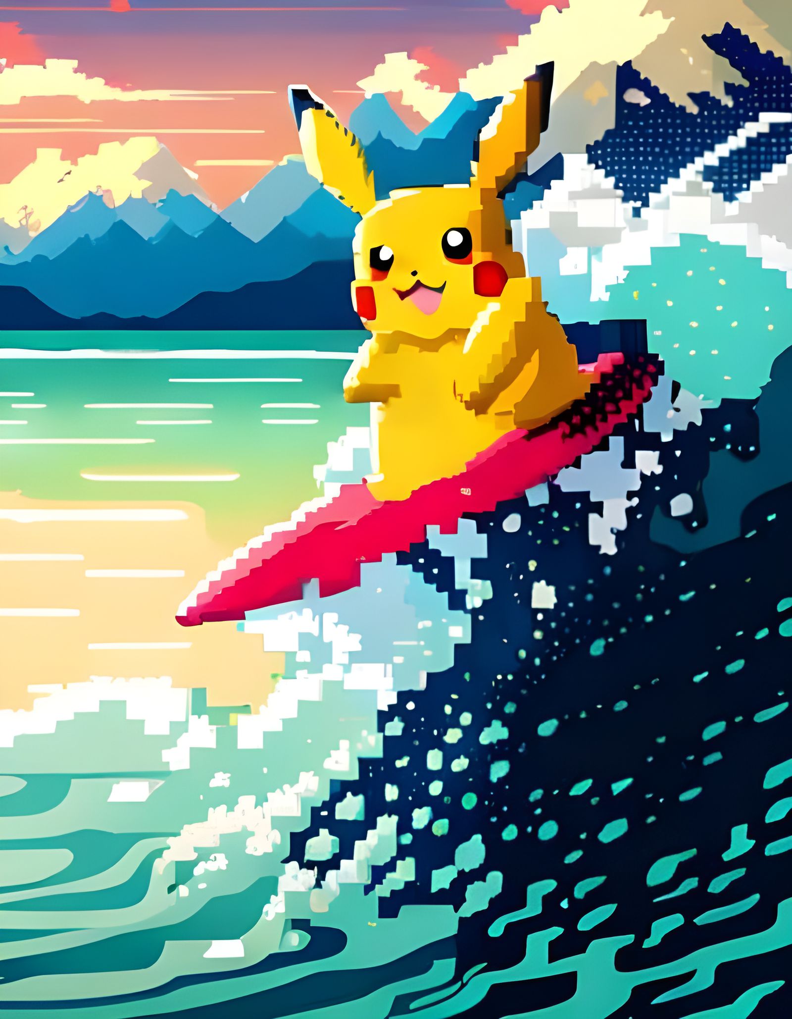 Surfing Pikachu: Hyper Cute Pixel Art Portrait