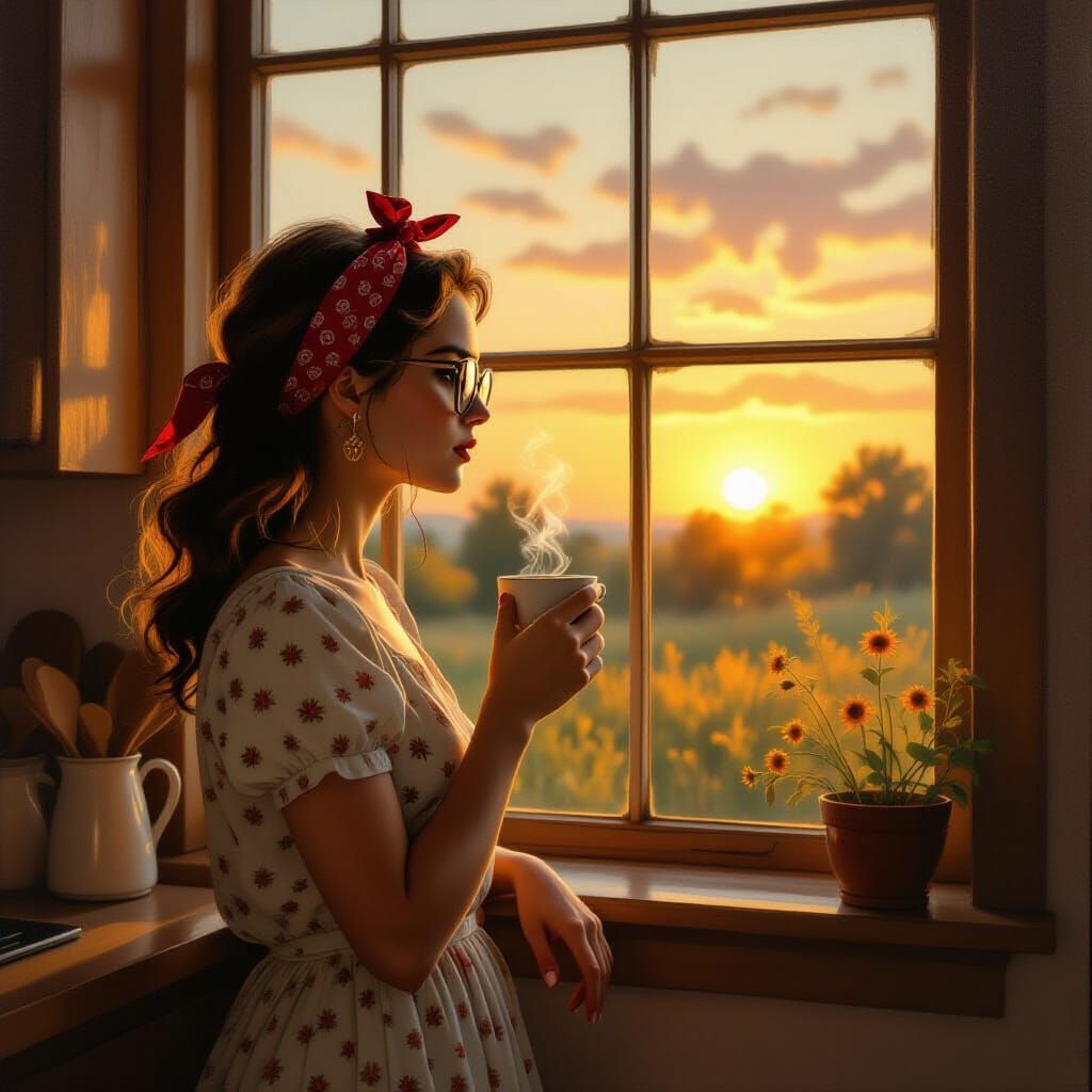 Woman at Dawn Enjoying Coffee at Kitchen Window
