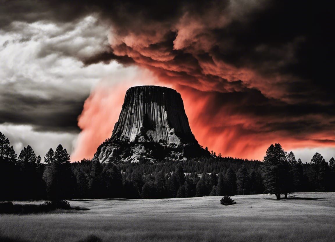 Fiery Sunset over Devil's Tower Landscape