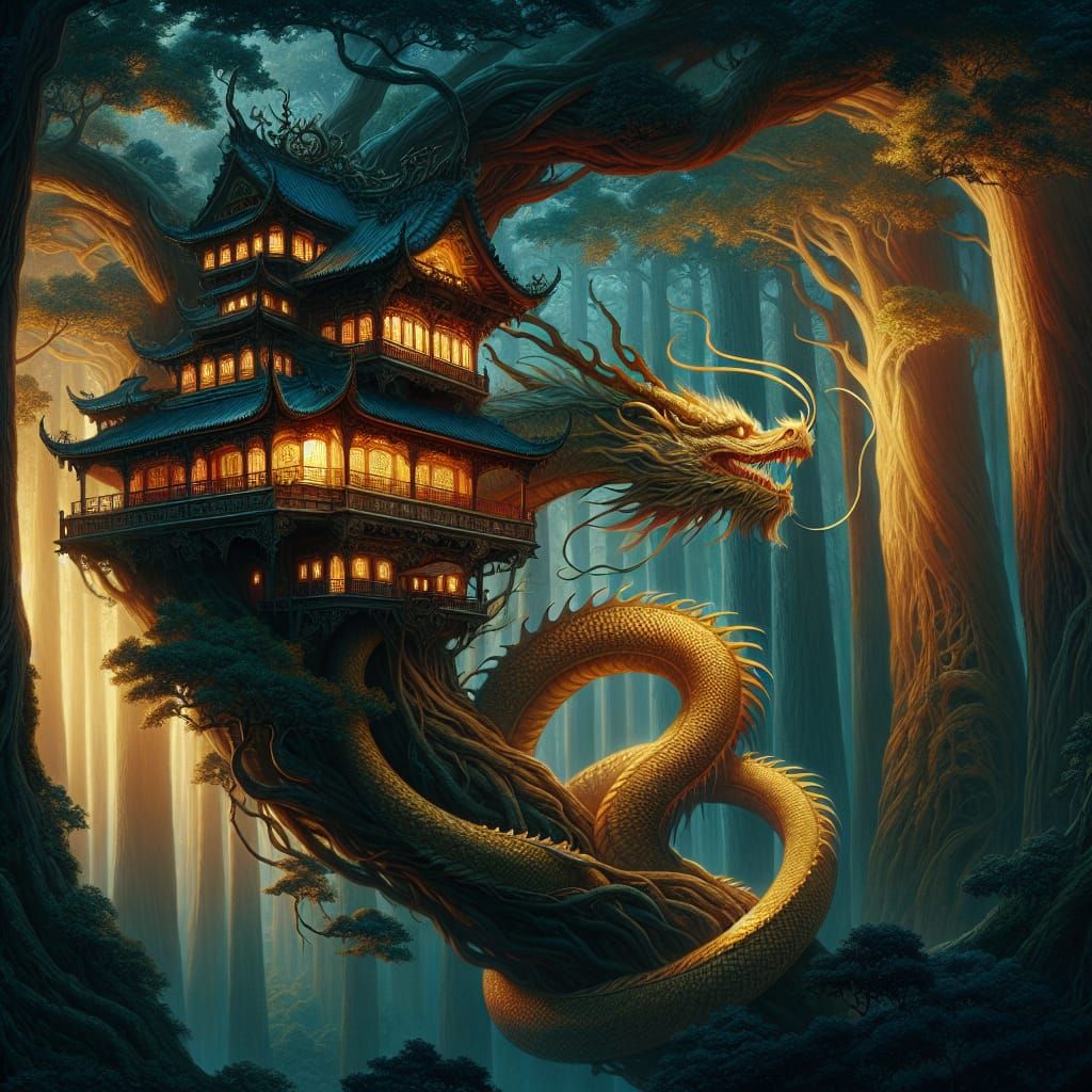 A dragon wraps around a tree with a pagoda in the forest.