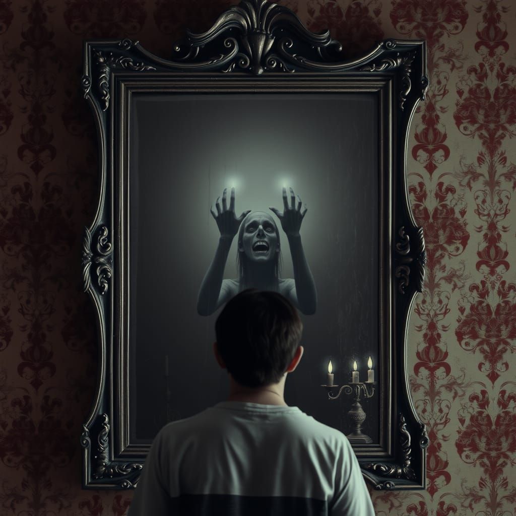 Ghostly Apparition in a Mirror: A dusty, old mirror reflecti...