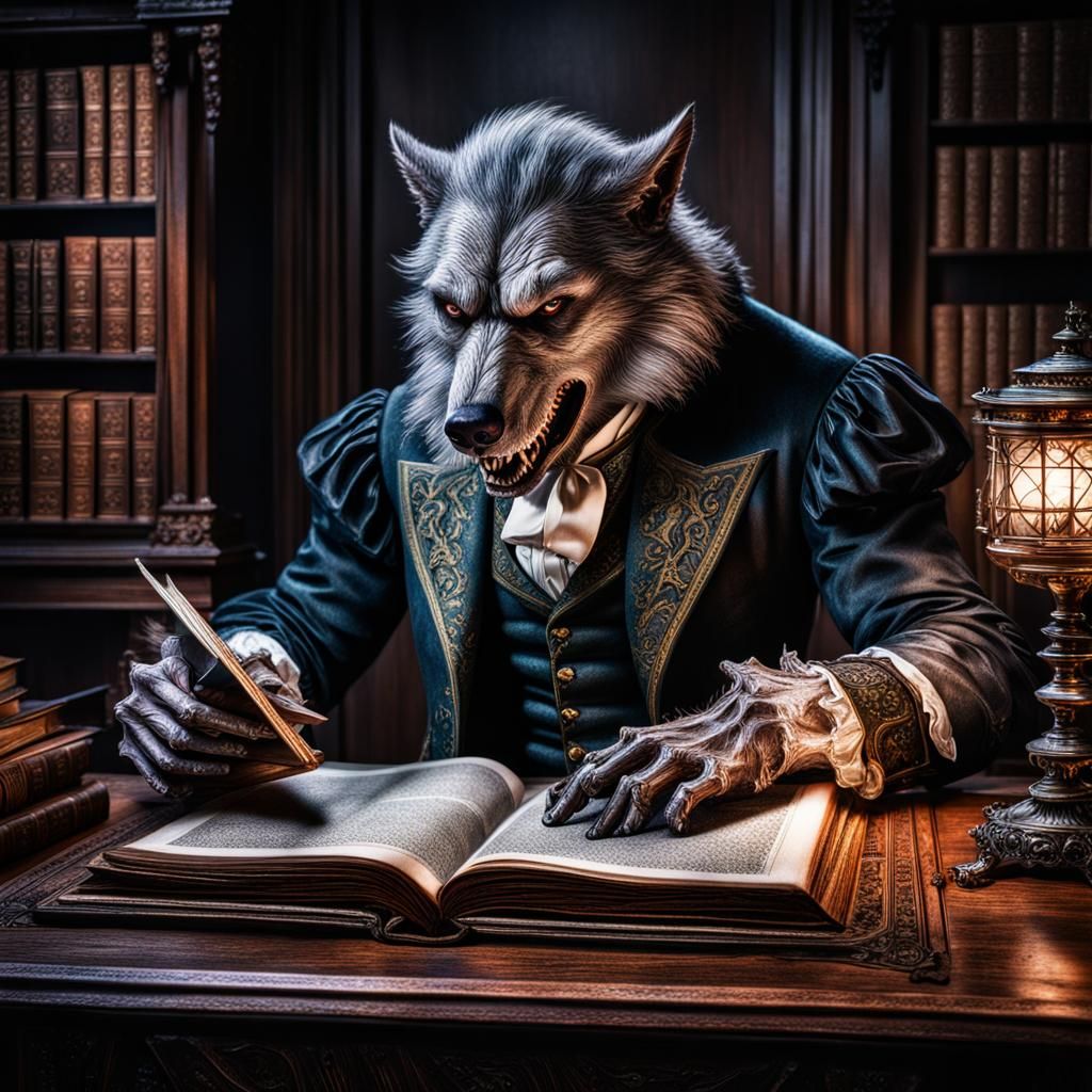 Victorian Werewolf Reading a Tome in HDR