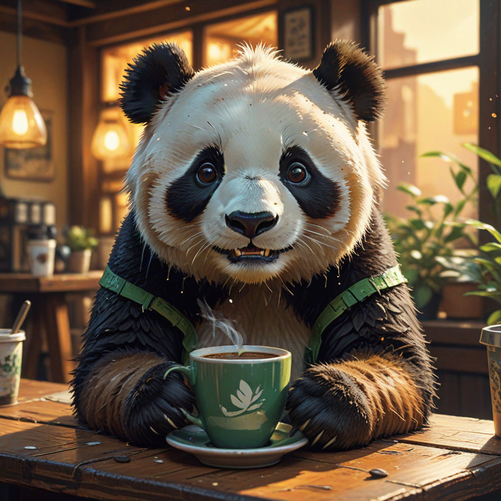 Chibi Anime Panda Sips Coffee in Cozy Earthy Tones Cafe