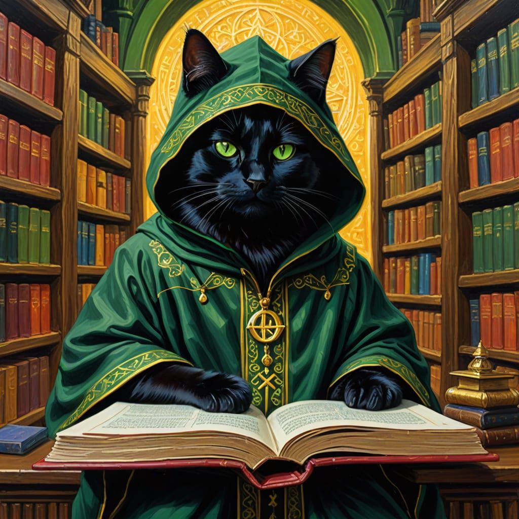 Mystic Black Cat Unfolds Ancient Magic in Enchanted Library