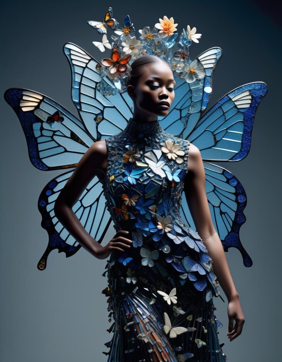 Woman in Avant-Garde Glass Dress with Experimental Design