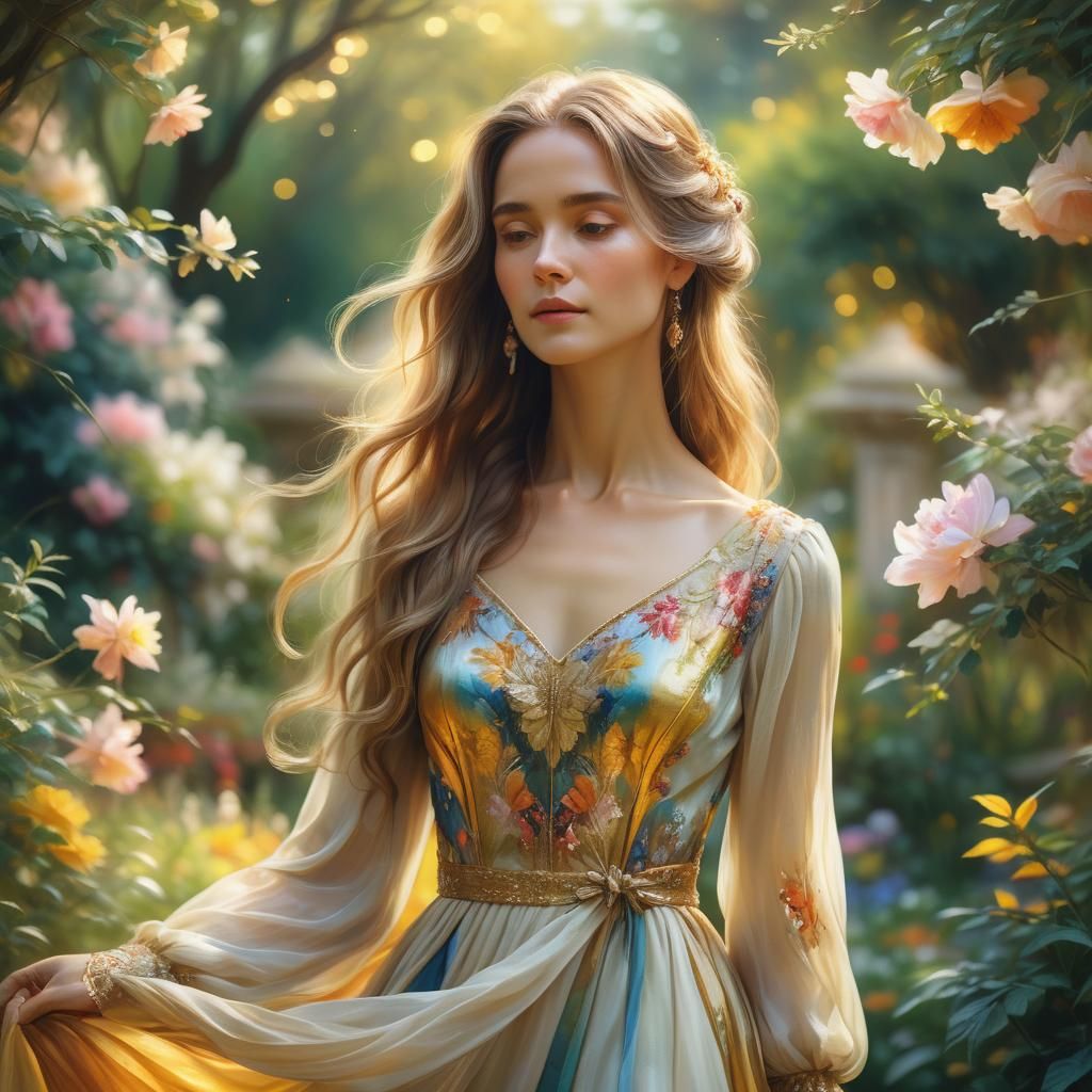 Elegant Woman in Garden: Vibrant Oil Painting