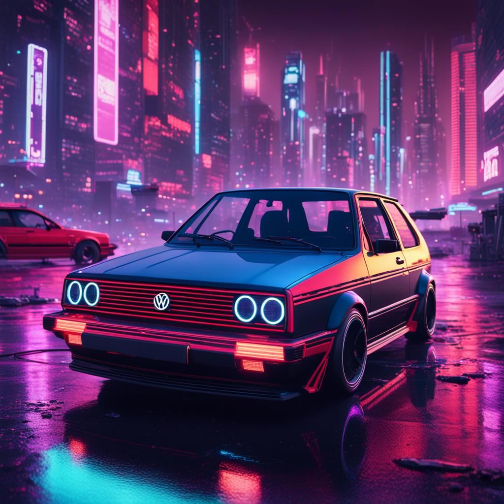 VW Golf GTI MK2 in Cyberpunk Neon City