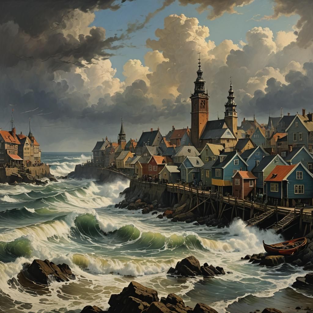 Coastal Town in Rembrandt Style with Sinister Waves