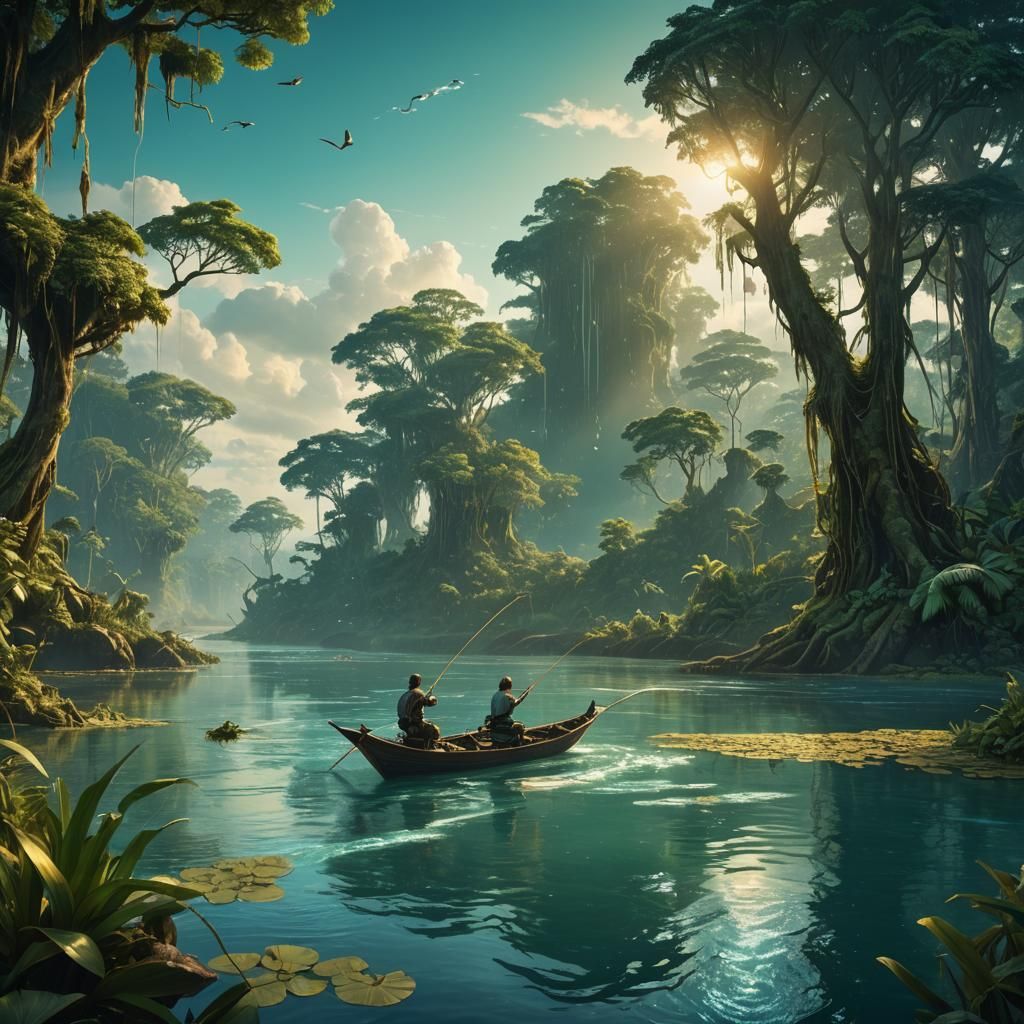 Harpy Fishing in Amazonia: Fantasy Art Nouveau