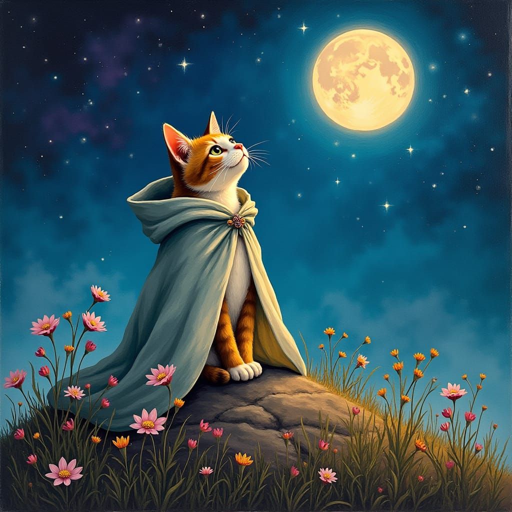 Cat Gazing at Moon in Cubist Oil Painting